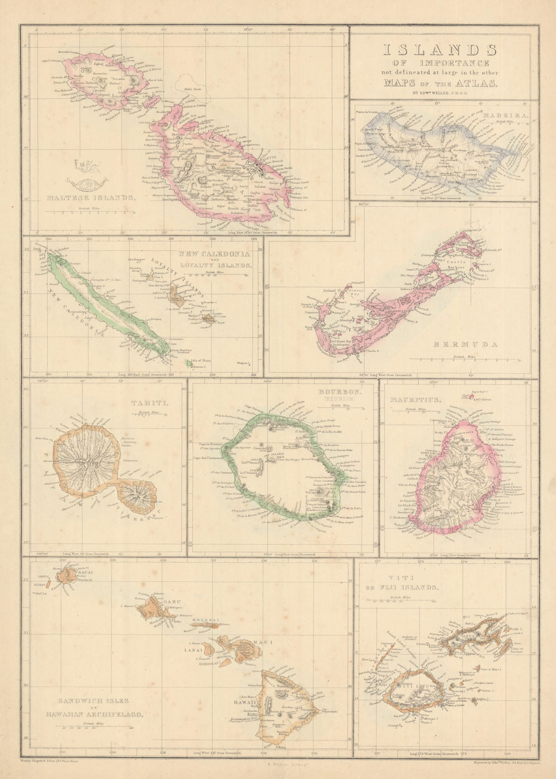 ISLANDS. Malta Madeira Bermuda Reunion Hawaii Tahiti Mauritius. WELLER 1863 map